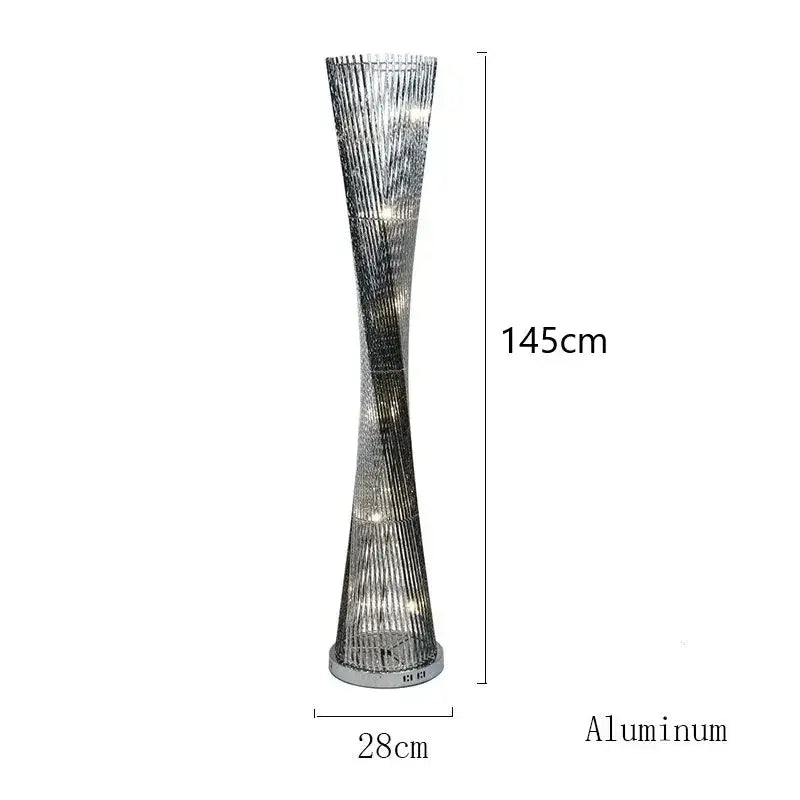 Silver twisted aluminum tower floor lamp with integrated led lighting from decorbites aluminum tower floor collection