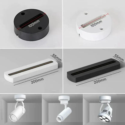 Decorbites aluminum track rail led ceiling spotlight system with black and white circular and rectangular track lighting fixtures