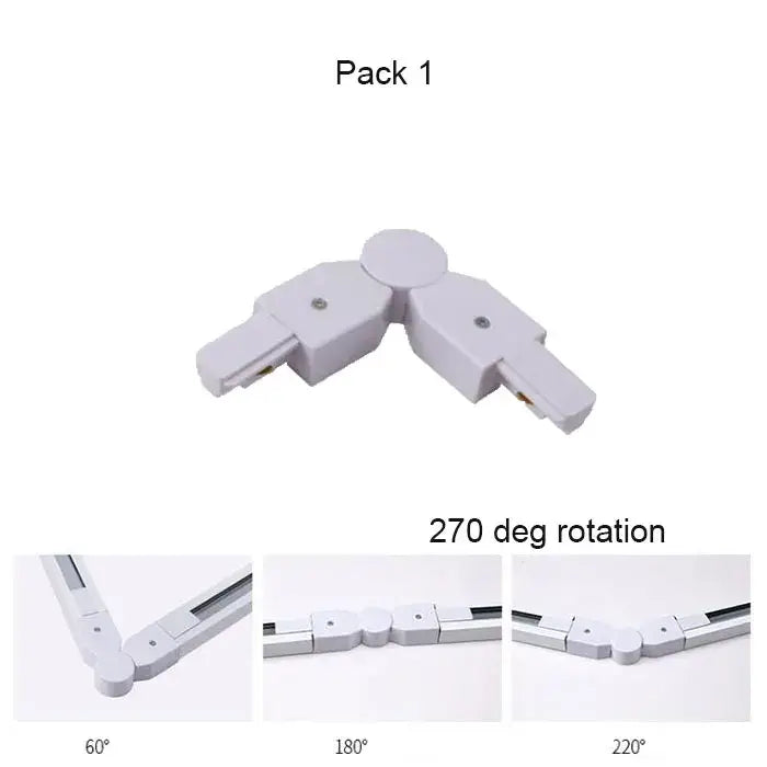 White plastic 90-degree led track lighting connector with central rotating joint for flexible angles in decorbites aluminum track rails