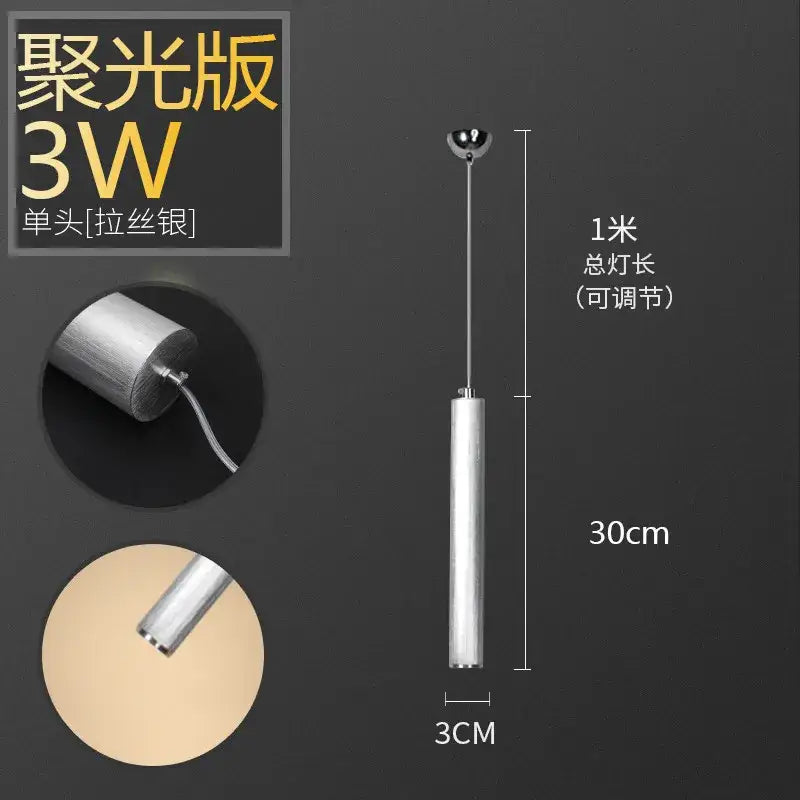 Silver-finished decorbites pendant light with aluminum cylindrical body, 3w single head, adjustable length for dining room