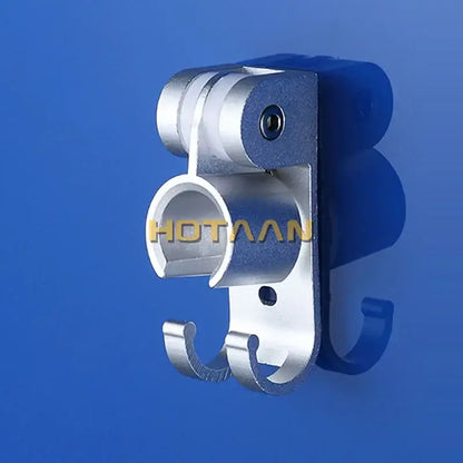 DecorBites aluminum wall mounted hand shower holder hook in silver metallic with blue plastic backing for shower use