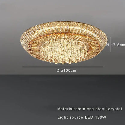 DecorBites amber crystal ceiling chandelier with gold-toned circular frame and cascading stainless steel crystals