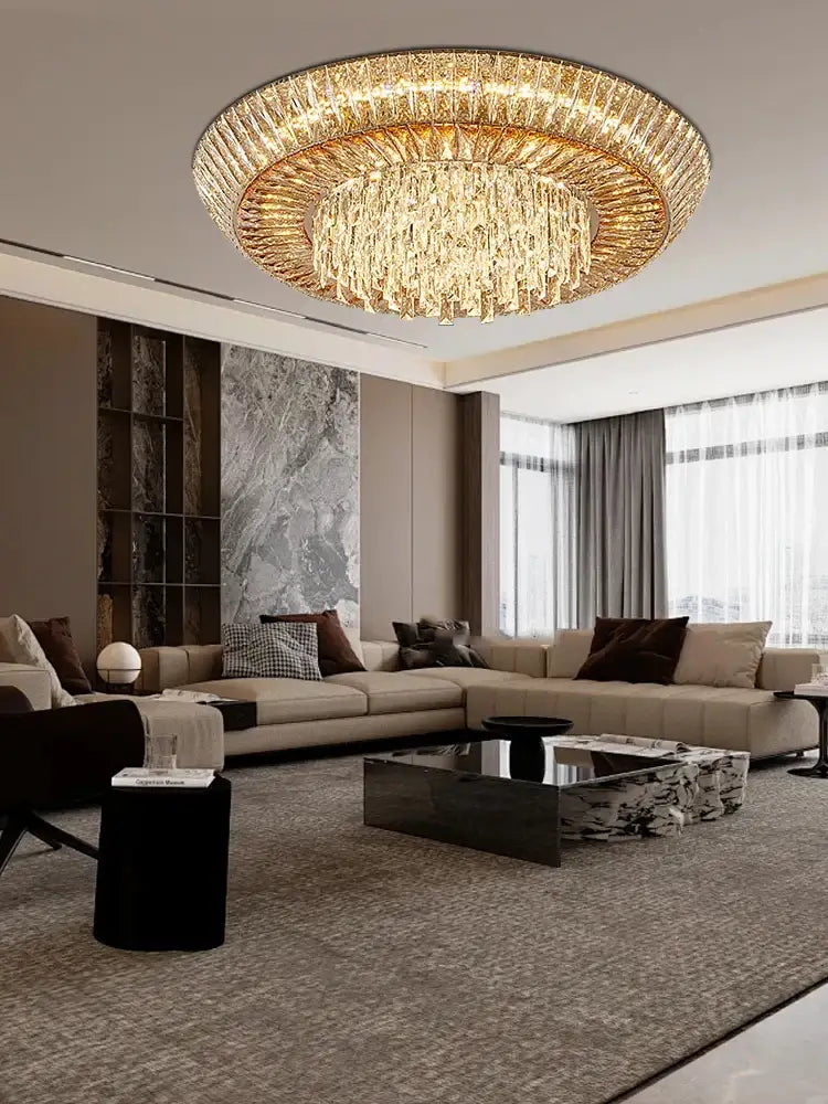 DecorBites amber crystal ceiling chandelier with luxurious gold-toned circular multi-tiered design and cascading crystals