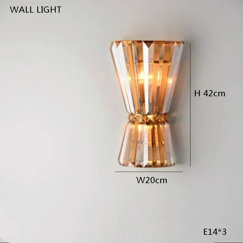 A modern DecorBites™ amber crystal ceiling chandelier with faceted gold and clear tones for luxe home lighting