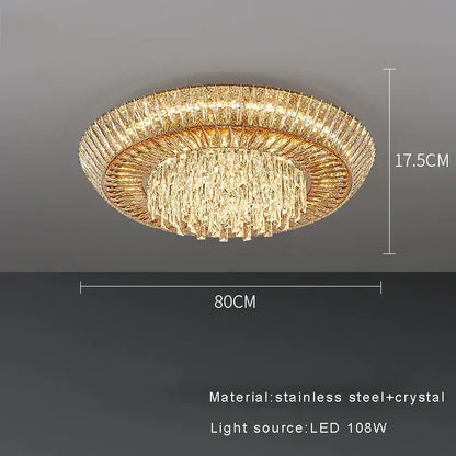 DecorBites™ amber crystal ceiling chandelier with gold-toned circular frame and layered crystal strands for luxe home decor