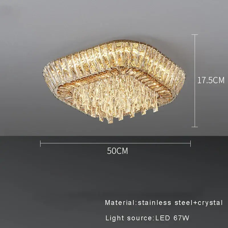 DecorBites amber crystal ceiling chandelier with gold stainless steel frame and cascading clear crystals lit by led light