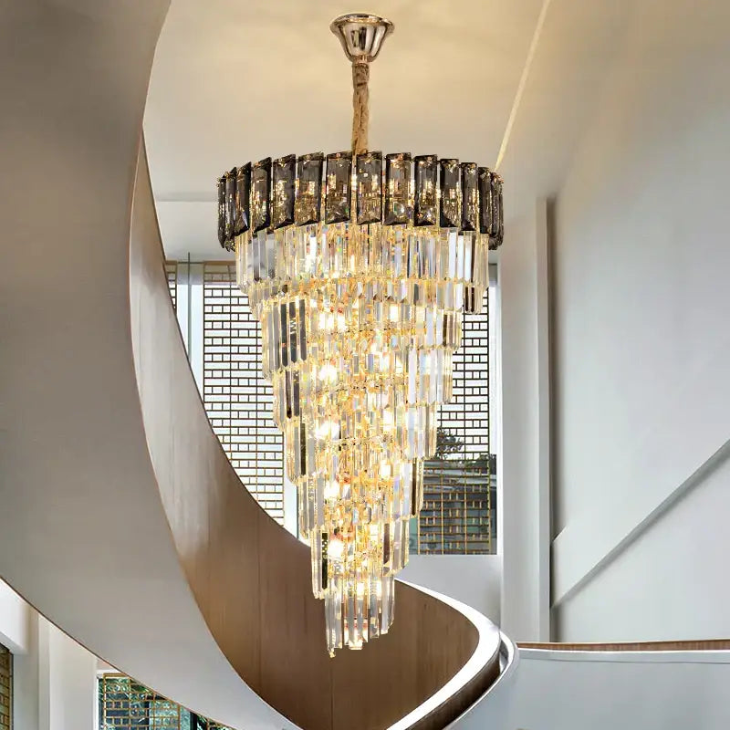 DecorBites™ amber crystal chandelier with gold-toned frame and cascading clear glass rods for luxurious living spaces