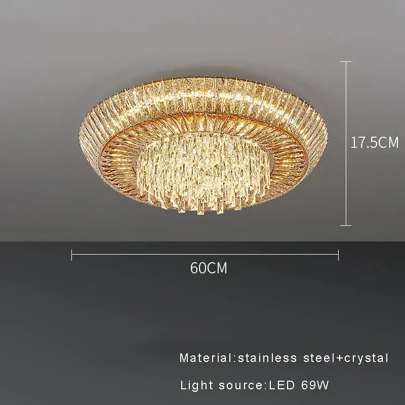 Gold-toned circular DecorBites™ amber crystal led ceiling light with layered crystal accents and stainless steel frame