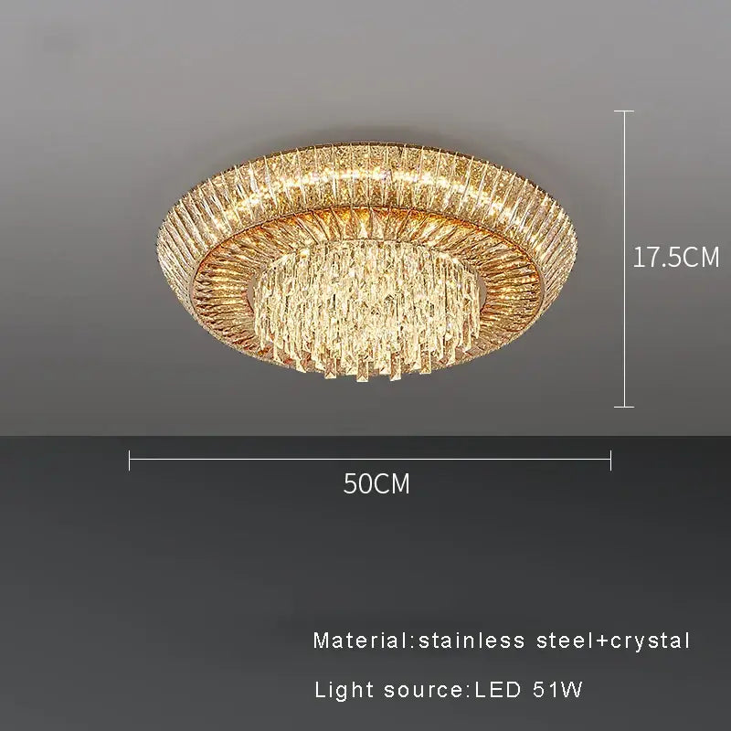DecorBites amber crystal LED ceiling light with golden stainless steel frame and cascading crystal elements for luxury decor
