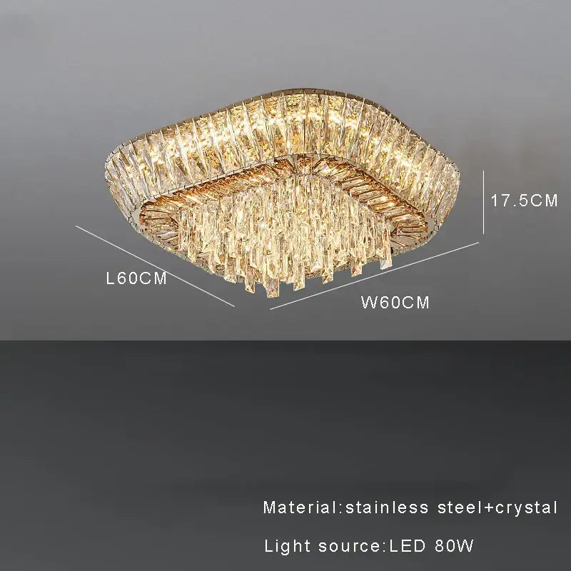 Decorbites™ amber crystal led ceiling light with gold-toned rectangular frame and cascading clear amber crystals