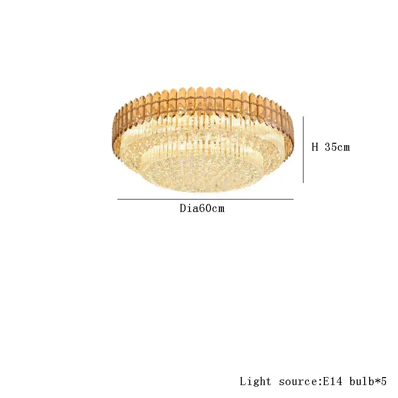 Gold-toned amber crystal round chandelier with tiered design and five e14 bulbs for living room lighting