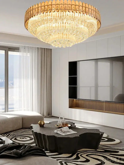 DecorBites™ amber crystal round chandelier with cascading prisms and tiered design for living room lighting