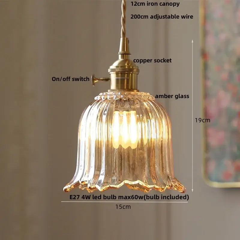 DecorBites™ amber flower glass pendant light with fluted amber shade brass finish and adjustable iron wire suspension