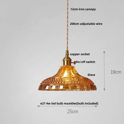 DecorBites amber flower glass pendant light with golden amber glass, copper socket, and iron canopy in modern nordic style
