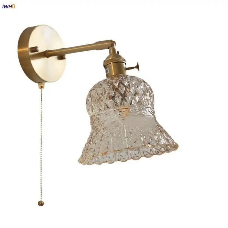 Brass-finished wall light with amber flower glass led shade and pull chain for kitchen restaurant bar lighting