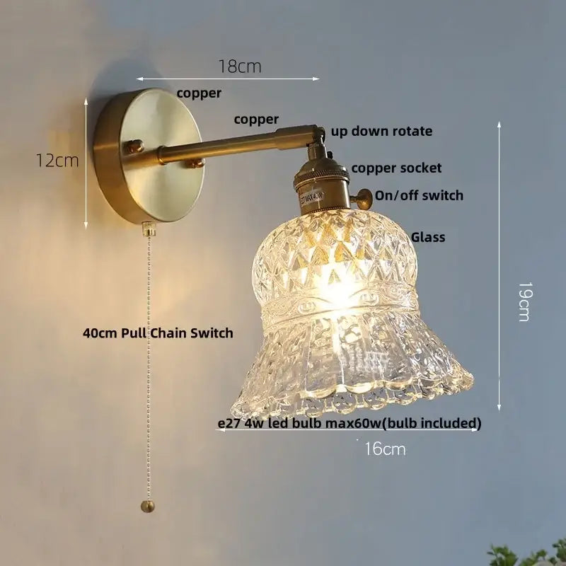 Antique brass wall light with amber flower glass led shade and adjustable copper arm for kitchen restaurant bar
