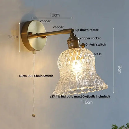 Antique brass wall light with amber flower glass led shade and adjustable copper arm for kitchen restaurant bar