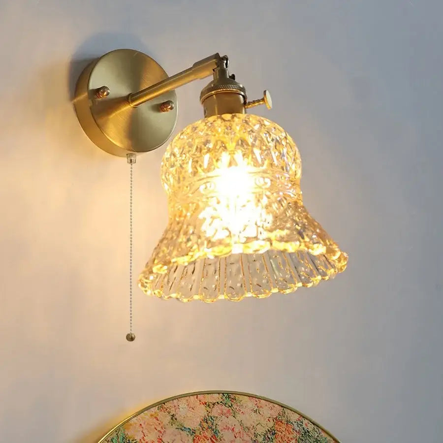 DecorBites amber flower glass led wall light fixture with vintage brass sconce and faceted bell-shaped shade for kitchen bar
