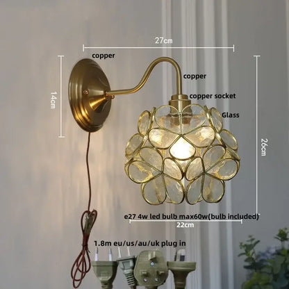 Antique brass copper wall sconce with amber flower glass cluster shade for living room and bathroom vanity