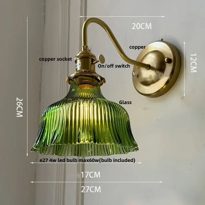 Vintage-style DecorBites™ amber flower glass wall sconce with green ribbed shade and brass copper finish for living room