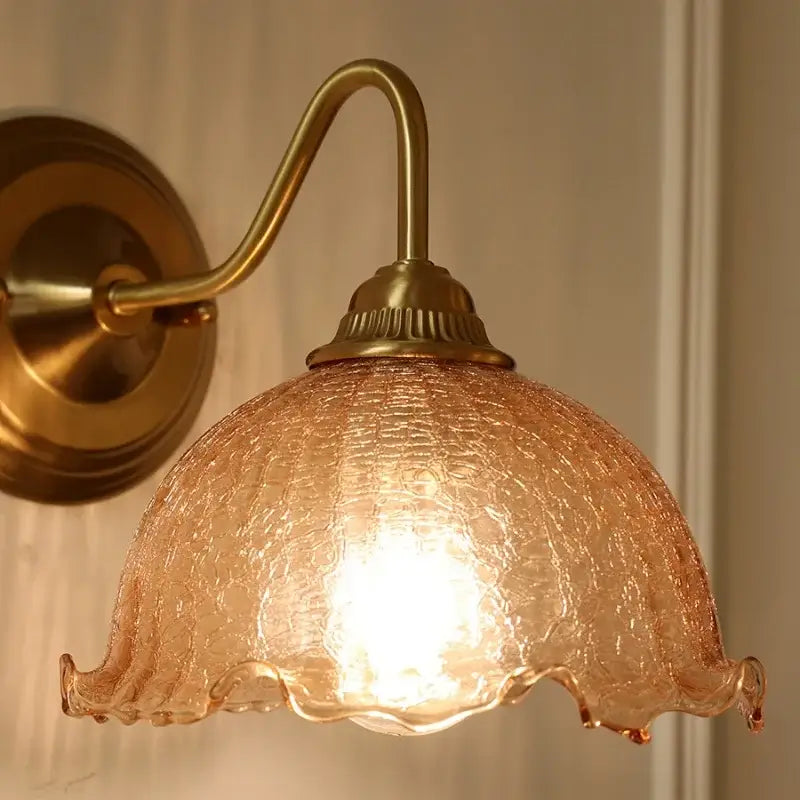 Decorbites amber flower glass led wall sconce with warm amber flower glass and brass arm for living room and bathroom