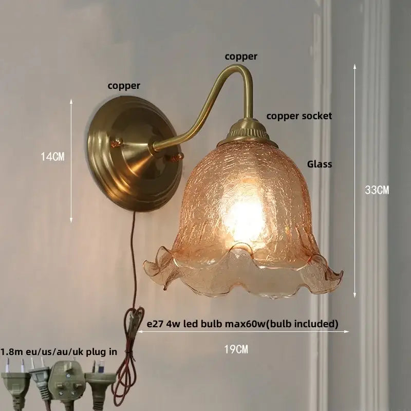 Decorbites amber flower glass wall sconce with antique brass copper finish and textured ruffled amber shade for living room