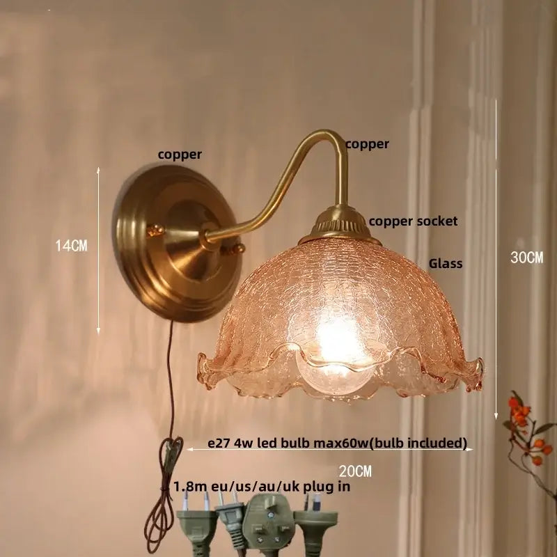 Antique brass copper wall sconce with textured amber flower glass shade for living room cafe or bathroom vanity use