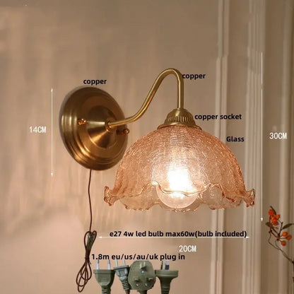 Antique brass copper wall sconce with textured amber flower glass shade for living room cafe or bathroom vanity use