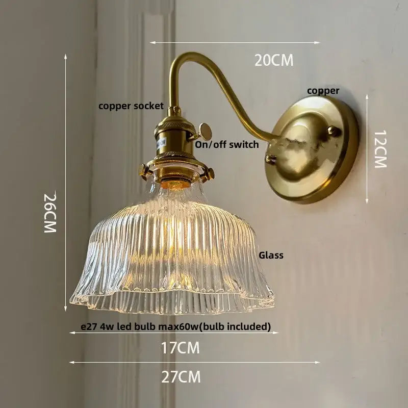Vintage-style copper wall sconce with amber flower glass ribbed shade for living room cafe or bathroom vanity lighting