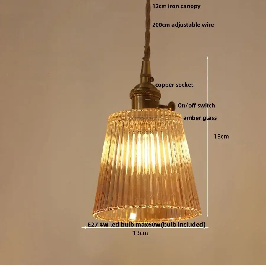 DecorBites amber flower glass pendant lamp with warm amber tinted ridged glass and brass copper socket for modern interiors