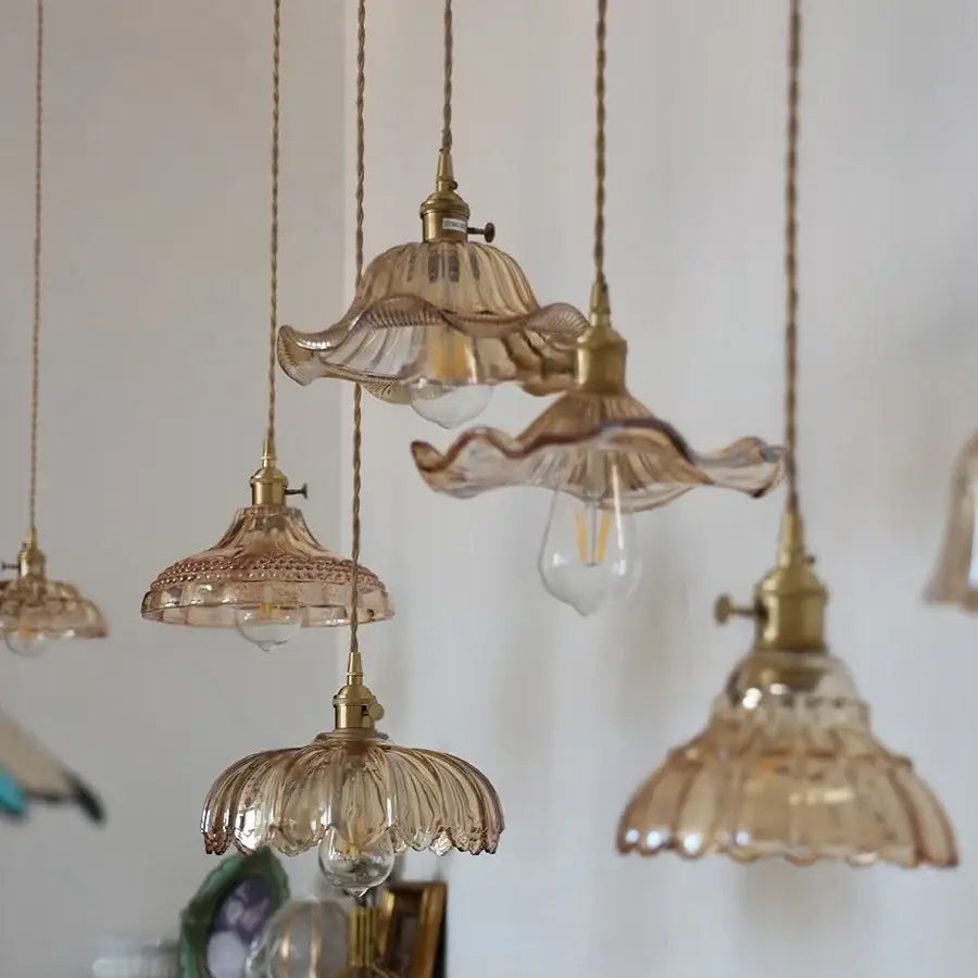DecorBites amber flower glass pendant lamp with delicate amber-tinted glass and brass fixtures for modern interiors
