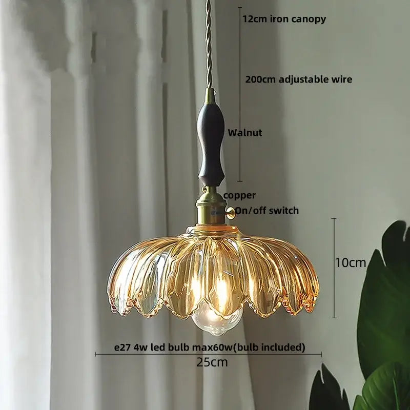 DecorBites amber flower glass pendant lamp with golden petal glass, walnut iron canopy, and copper switch for modern spaces