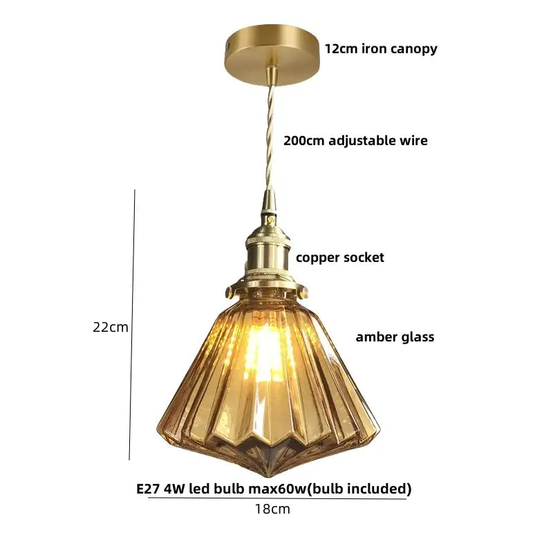 DecorBites™ amber flower glass pendant lamp with brass canopy copper socket and amber ridged glass shade for modern Nordic decor