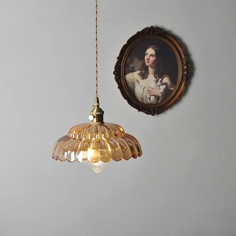 Decorbites amber flower glass pendant light with warm amber glass and brass fixture for kitchen or reading room decor