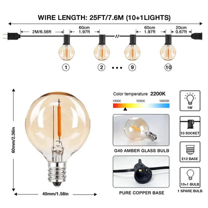 Decorbites amber glass bulb string lights with g40 shape, pure copper base, and 1w led filament for party decor