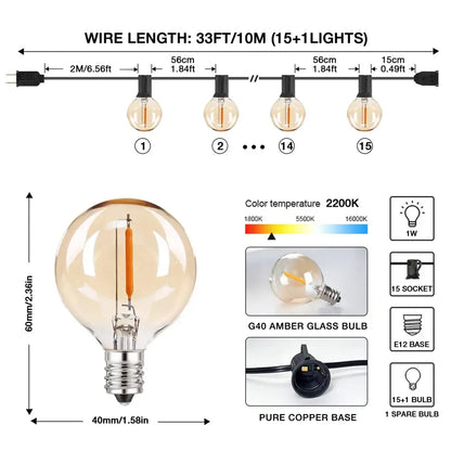 Decorbites amber glass bulb string lights with g40 amber glass bulbs and pure copper base 15-light string