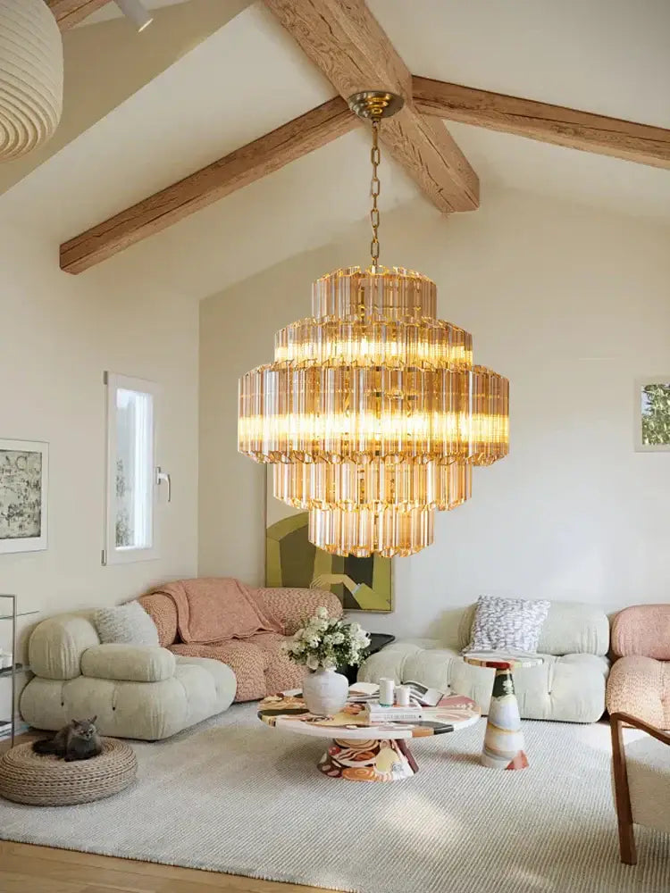 Decorbites™ amber glass ceiling chandelier with golden tiered design and crystal rods hanging from brass chain