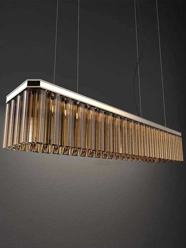 DecorBites amber glass ceiling chandelier with sleek metallic frame and vertical amber glass tubes for dining table lighting
