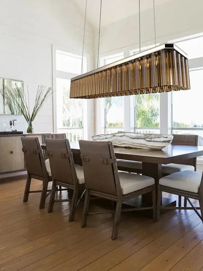 DecorBites™ amber glass ceiling chandelier with bronze-toned rectangular pendant and vertical glass tubes for dining table
