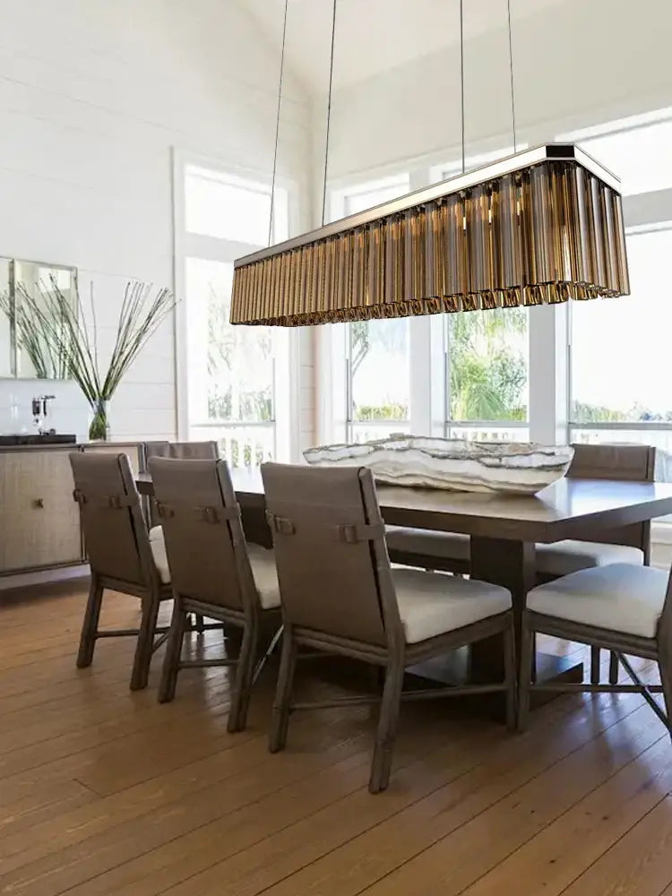 DecorBites™ amber glass ceiling chandelier with bronze-toned rectangular pendant and vertical glass tubes for dining table