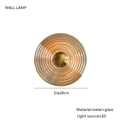 Decorbites amber glass ceiling chandelier with modern brass and glass wall lamp featuring led light and circular ridges