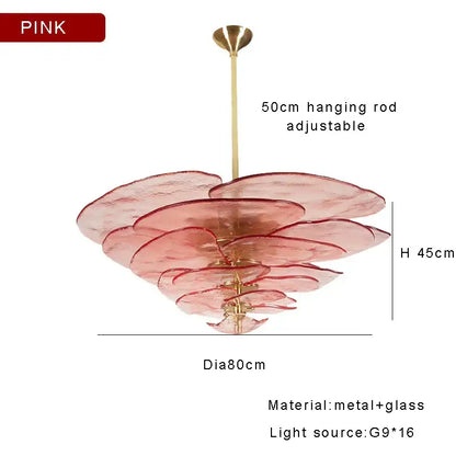 Pink layered glass ceiling chandelier with brass metal frame and adjustable rod for elegant living room decor