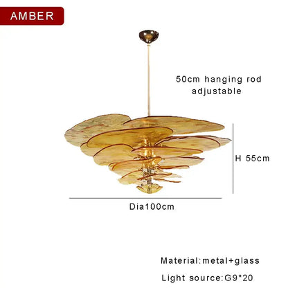 DecorBites™ amber glass ceiling chandelier features layered petal-like discs for elegant living room decor