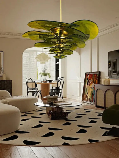DecorBites™ green glass ceiling chandelier with layered petal-like shades for elegant living room decor
