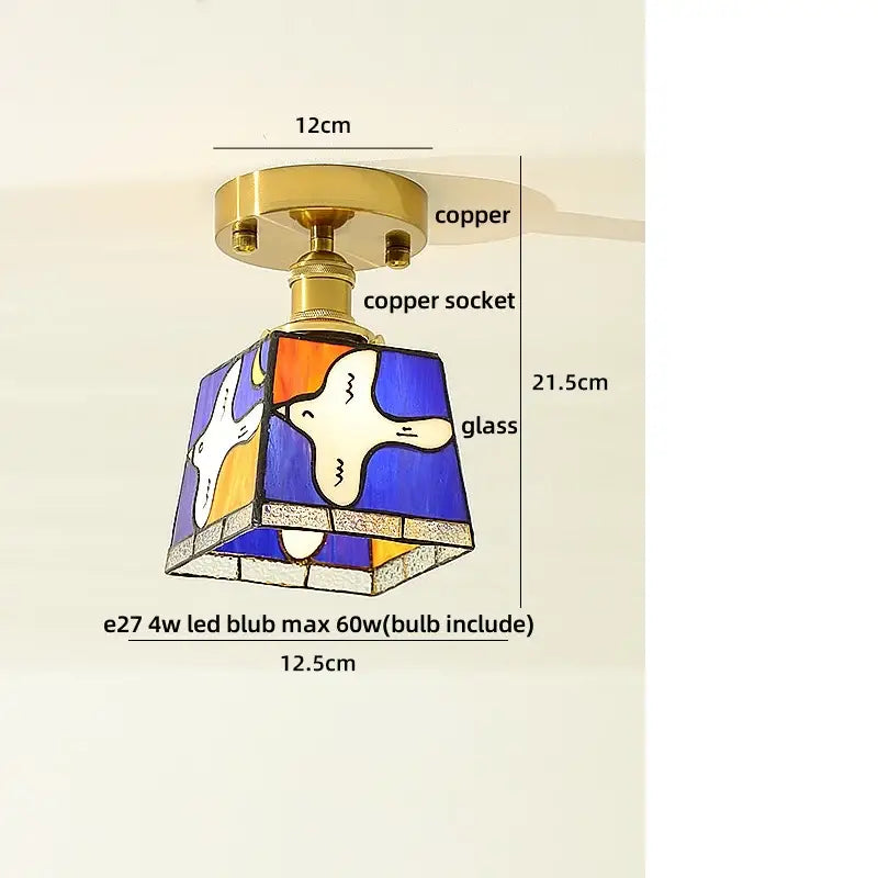 DecorBites amber glass ceiling lamp with copper fixture and white dove design on blue orange and purple panels