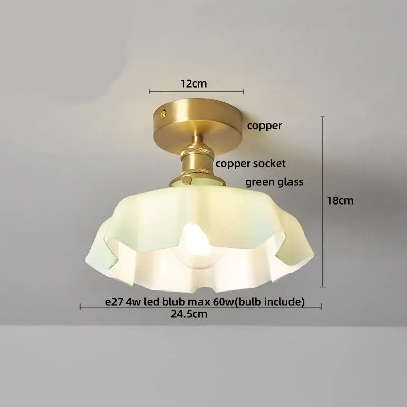 DecorBites amber glass ceiling lamp with brass copper finish and translucent green ruffled glass shade for bedroom use