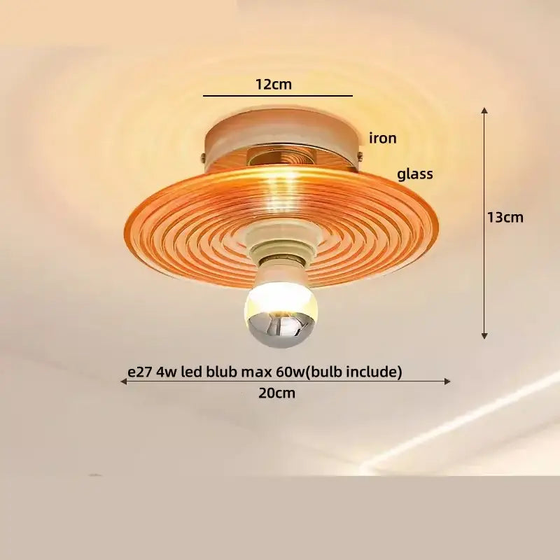 Decorbites amber glass ceiling lamp with warm-toned concentric ridges and central led bulb for modern interiors