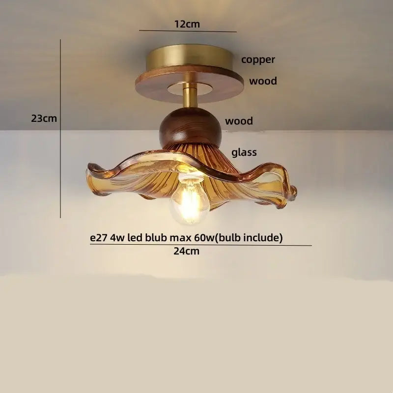 DecorBites™ amber glass ceiling lamp with warm amber glass, wavy leaf design, and wooden Nordic modern accents