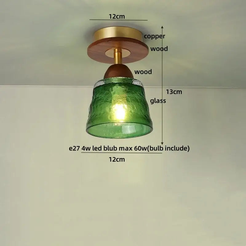 Decorbites™ green textured glass ceiling lamp with wooden and copper fixture for modern bedroom and bathroom lighting