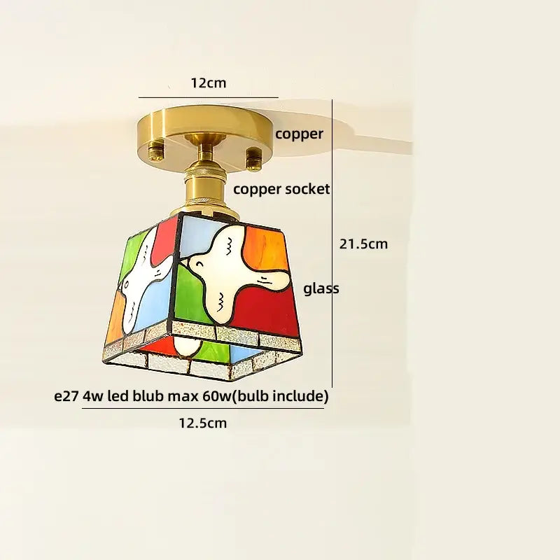 DecorBites amber glass ceiling lamp with copper base features colorful stained glass and white dove motifs